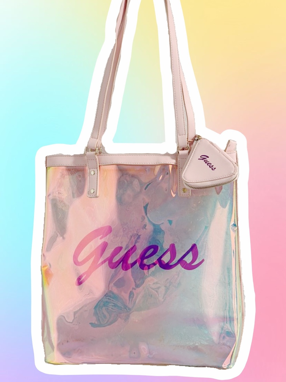 Guess Iridescent Pink Holographic Tote with Logo Pouch